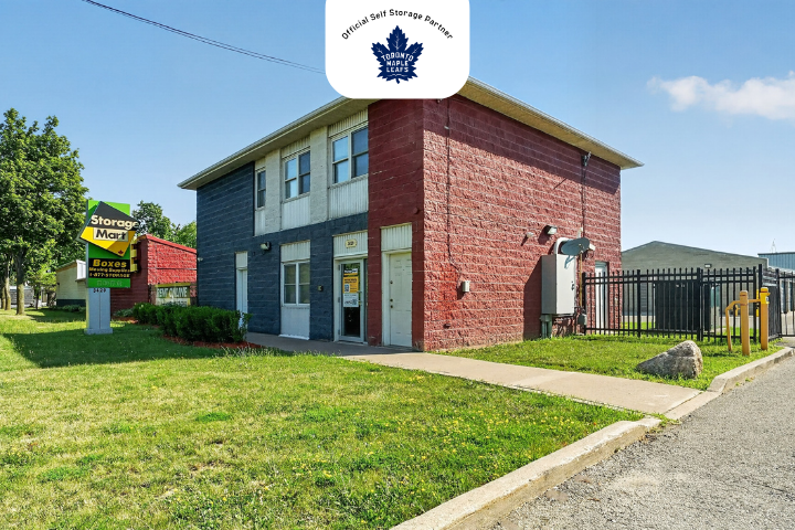 Facility exterior at StorageMart in Scarborough Ontario with the Toronto Maple Leafs logo